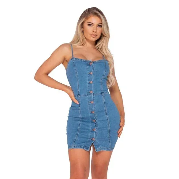 Light Blue Button Front Strappy Denim Dress - Picture 2 of 3